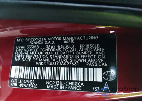 2018 Toyota Yaris Le из США, поврежденный, VIN VNKKTUD37JA097681